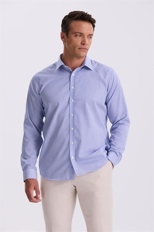 Lacivert Comfort Fit Ütü Gerektirmeyen %100 Pamuk Çizgili Non İron Gömlek