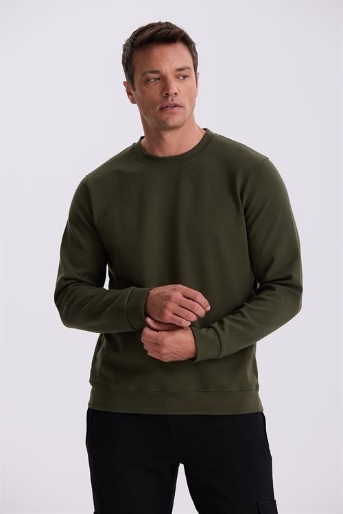 Haki Slim Fit Bisiklet Yaka Basic Pamuklu Likralı Sweatshirt