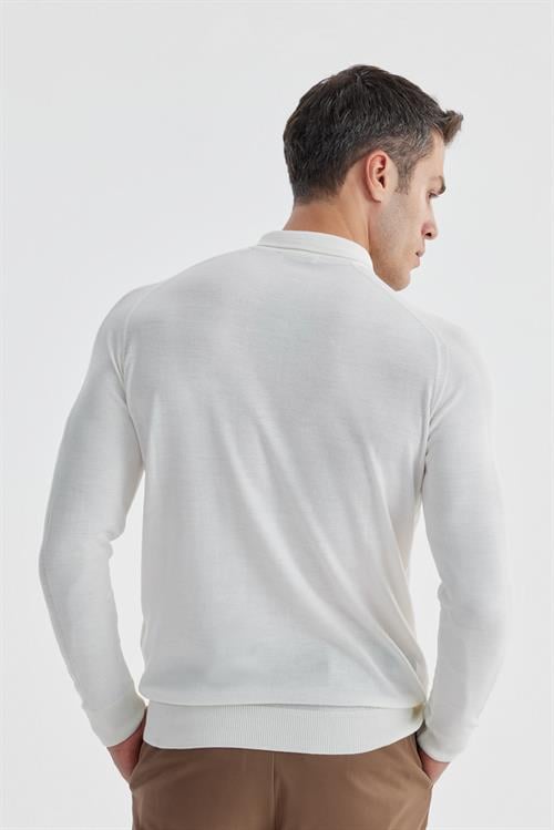 Ekru Slim Fit Yünlü Desenli Polo Yaka Triko