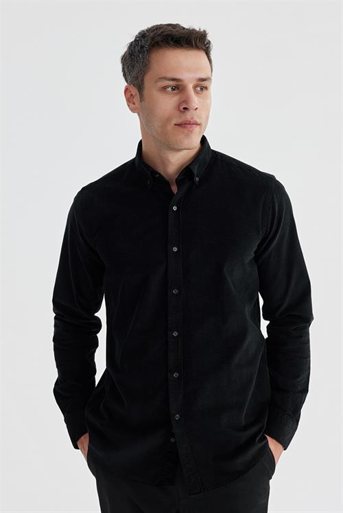 Siyah Comfort Fit Düğmeli Yaka %100 Pamuklu Kadife Gömlek