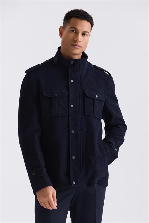 Lacivert-2 Slim Fit Hakim Yaka Apoletli Desenli Spor Kaşe Kaban