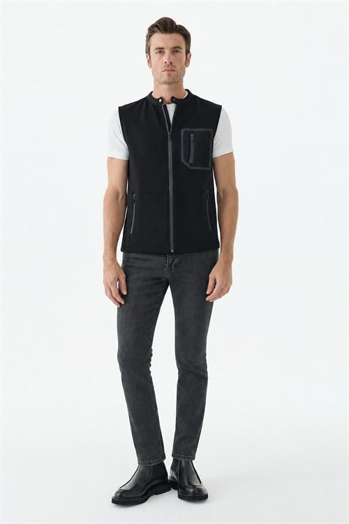 Siyah Slim Fit Cepli Pamuklu Yelek