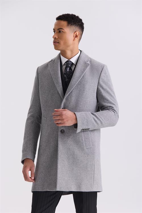 Gri Comfort Fit Mono Yaka Yan Cep Kaşe Kaban