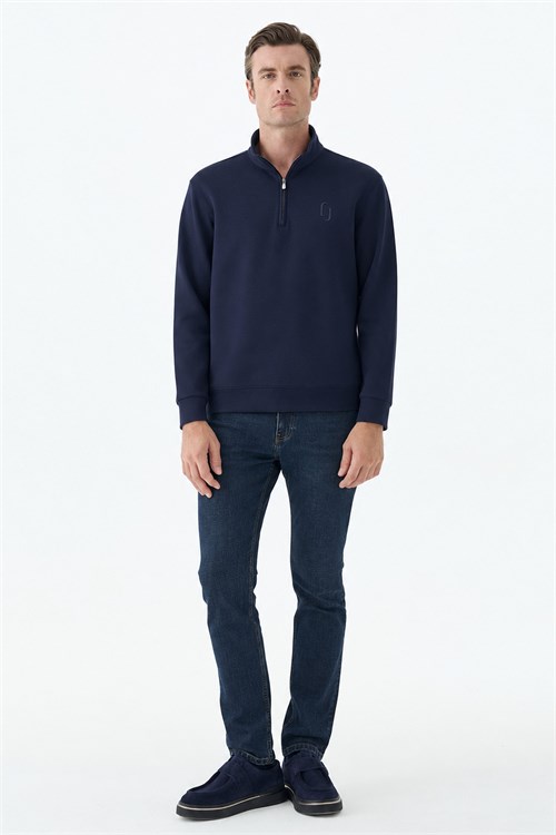 Lacivert Comfort Fit Fermuarlı Dik Yaka Rayon Sweatshirt