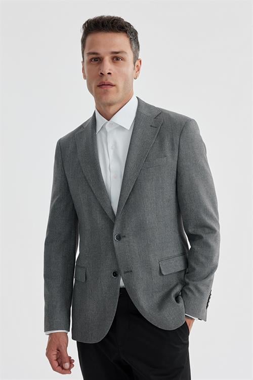 Gri Slim Fit Ekose Kareli Çift Yırtmaçlı Ceket