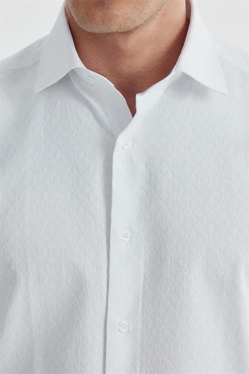 Beyaz Slim Fit  Desenli Klasik Kravatlık Pamuklu Gömlek