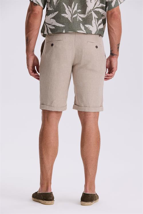 Bej Comfort Fit Keten Dokulu Rahat Kesim Duble Paça Şort