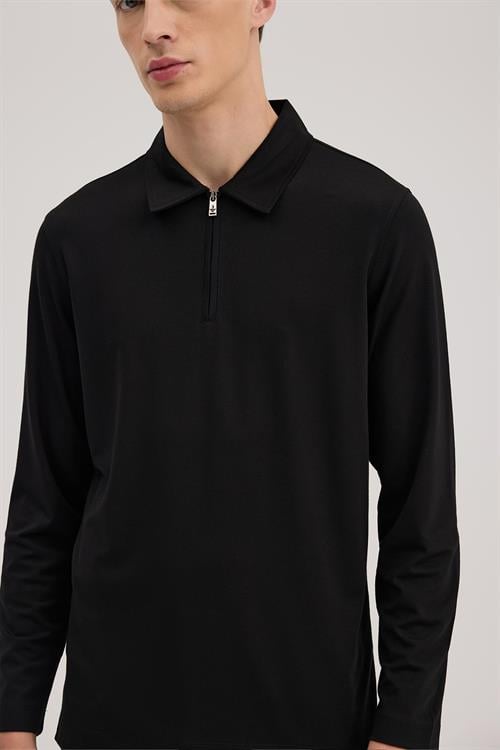 Siyah Slim Fit Fermuarlı Polo Yaka Sweatshirt