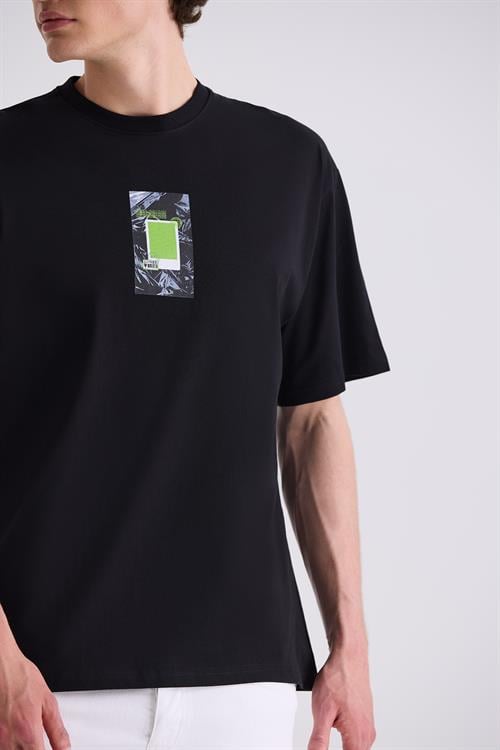 Siyah Over Size Baskılı Bisiklet Yaka T-Shirt