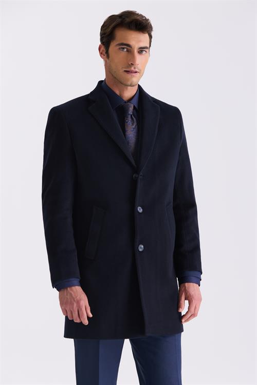 Koyu Lacivert Comfort Fit Mono Yaka Yan Cep Kaşe Kaban