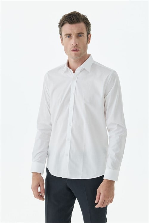 Beyaz %100 Pamuk Comfort Fit Klasik Yaka Gömlek