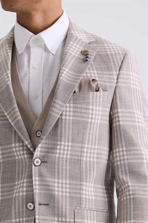 Kahve Slim Fit  Mono Yaka Kareli Kombinli Yelekli Takım Elbise