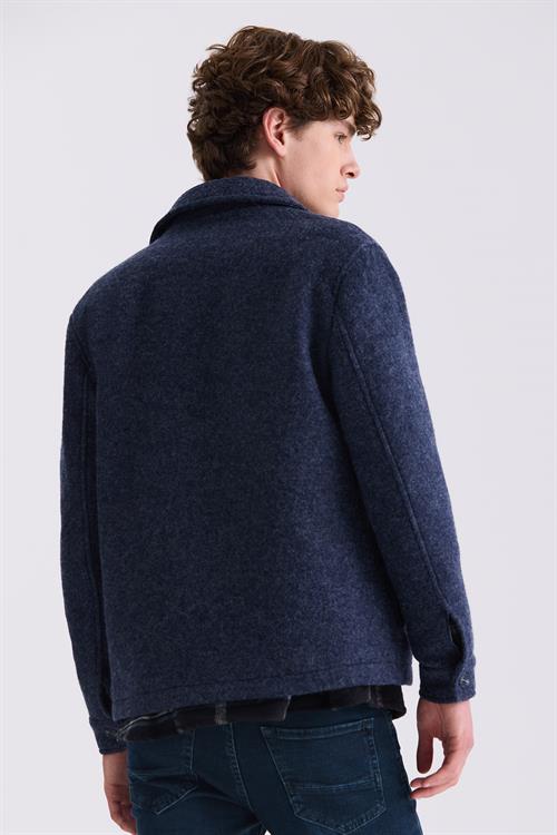 Lacivert Slim Fit Berberi Yaka Yünlü Kaşe Kaban