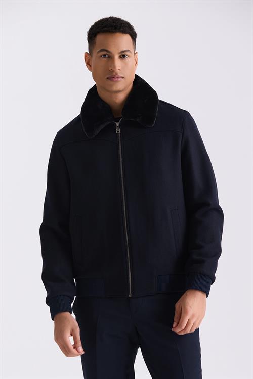 Lacivert Regular Fit Çıkarılabilir Kürklü Yaka Lastikli Yünlü Kaban Mont