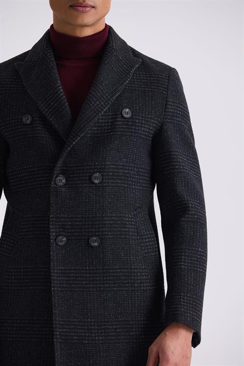 Siyah Comfort Fit Sivri Yaka Ekose Desenli Yünlü Kaban