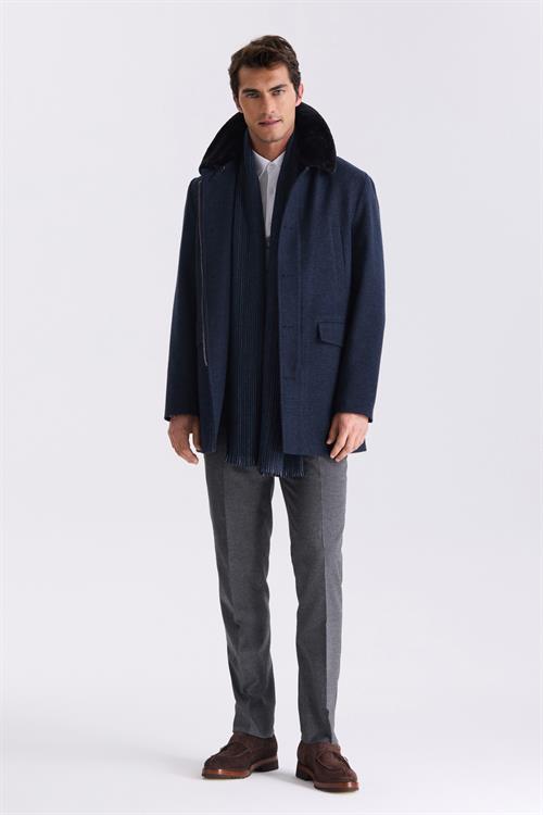 Lacivert Regular Fit Çıkarılabilir Kürklü Yaka Desenli Yünlü Kaban