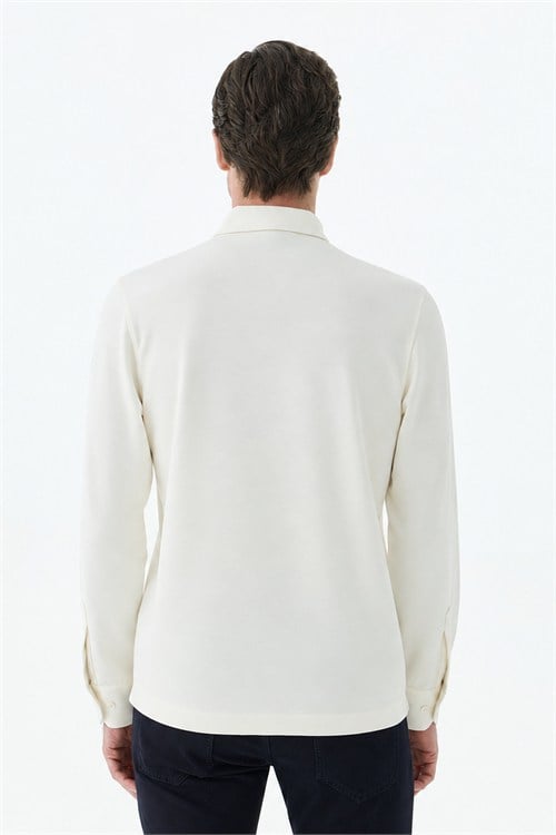 Beyaz Slim Fit Fermuarlı Polo Yaka Sweatshirt