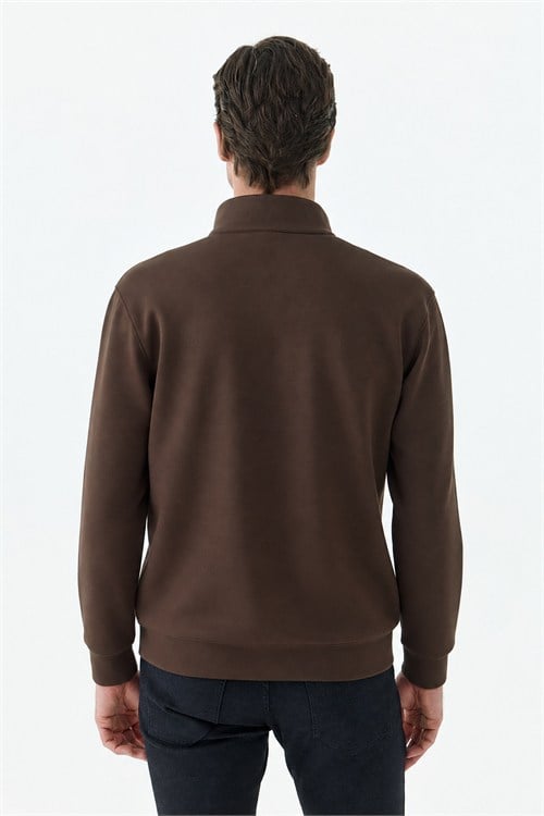 Kahve Comfort Fit Fermuarlı Dik Yaka Rayon Sweatshirt