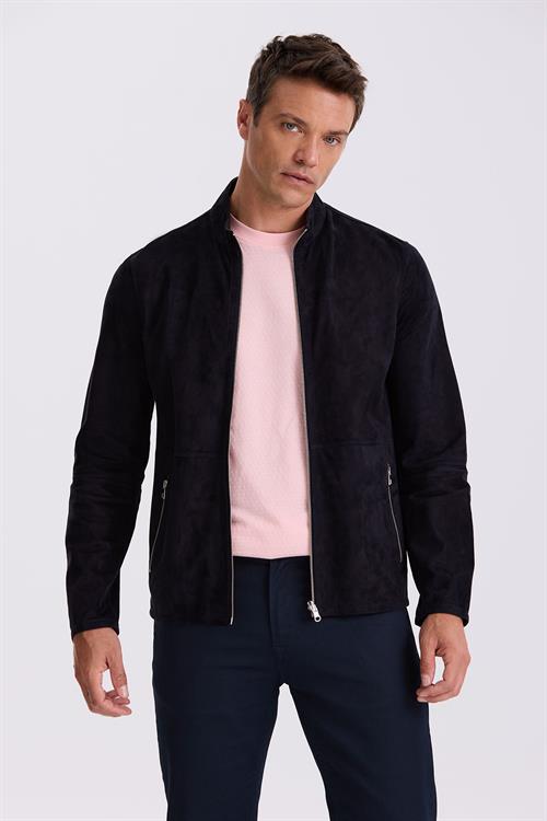 Lacivert Comfort Fit Dik Yaka Çift Taraflı %100 Deri Mont