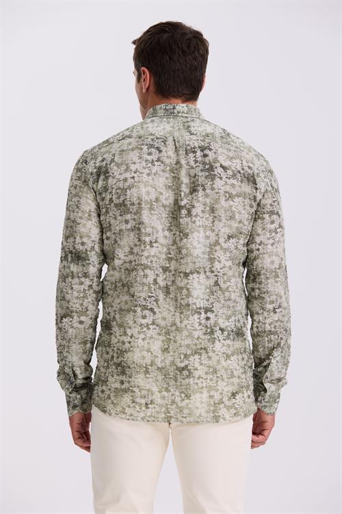 Yeşil Desenli Düğmeli Yaka Comfort Fit Gömlek