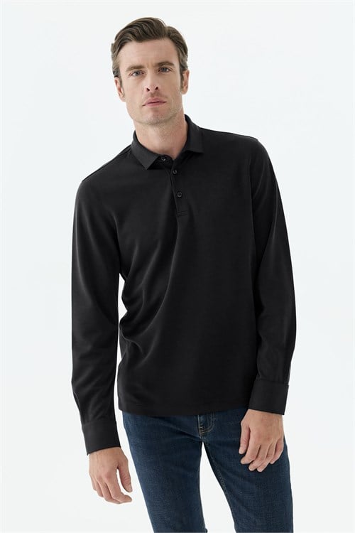 Siyah Comfort Fit Polo Yaka Sweatshirt