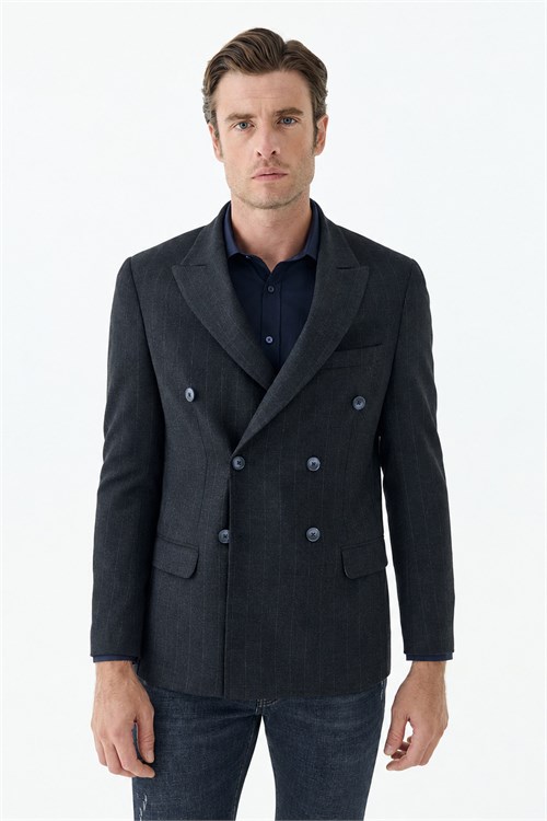 Lacivert Slim Fit Dik Yaka Kruvaze Ceket