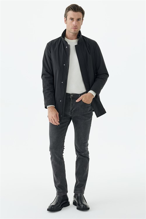 Siyah Comfort Fit Dik Yaka Mont