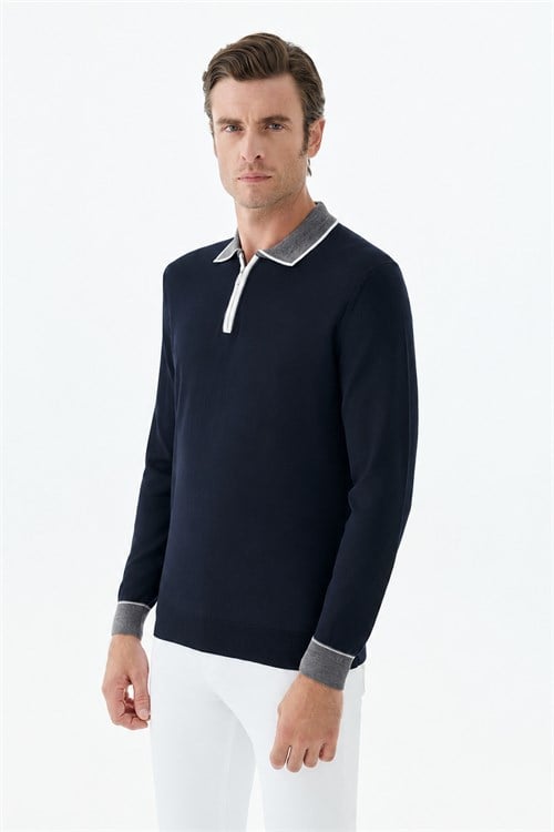 Lacivert Slim Fit Polo Yaka Fermuarlı Triko Kazak