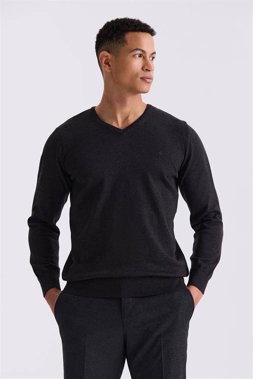 Antrasit Slim Fit V Yaka Triko Kazak