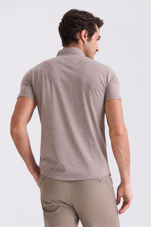 Bej Slim Fit Gömlek Yaka Düğmeli T-Shirt