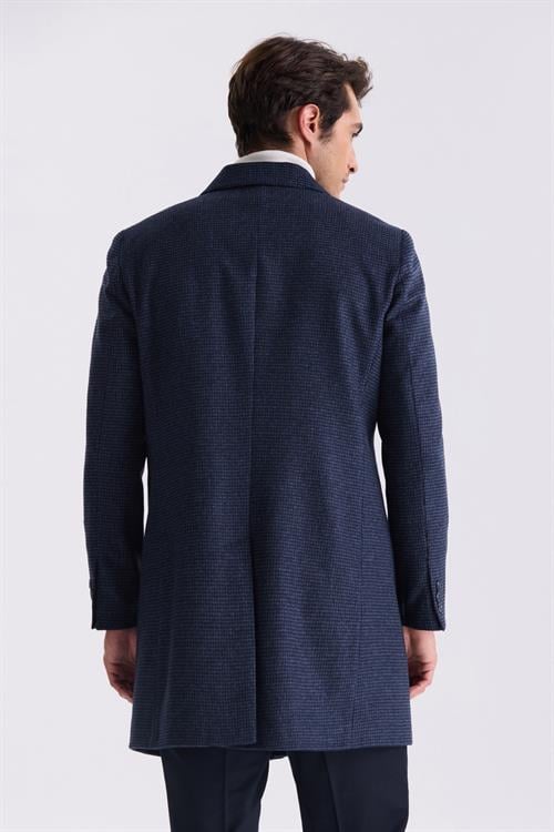 Lacivert Comfort Fit Mono Yaka Desenli Kareli Kaşe Kaban