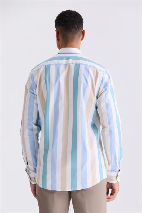 Bej Slim Fit Çizgili %100 Pamuk Gömlek