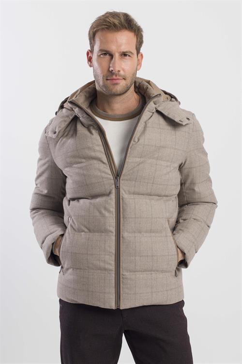 Bej Comfort Fit Ekose Kareli Kapüşonlu Mont