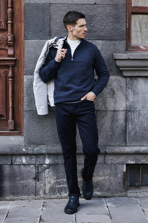 İndigo Slim Fit Fermuarlı Triko Kazak