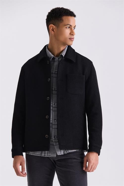 Siyah Slim Fit Berberi Yaka Yünlü Kaşe Kaban