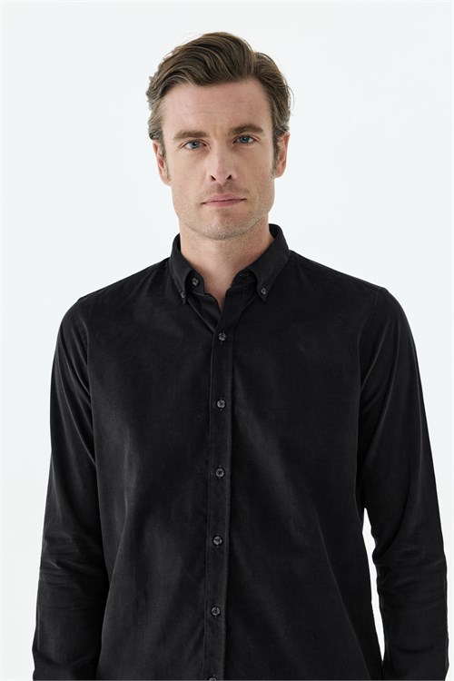 Siyah Comfort Fit %100 Pamuk Kadife Gömlek