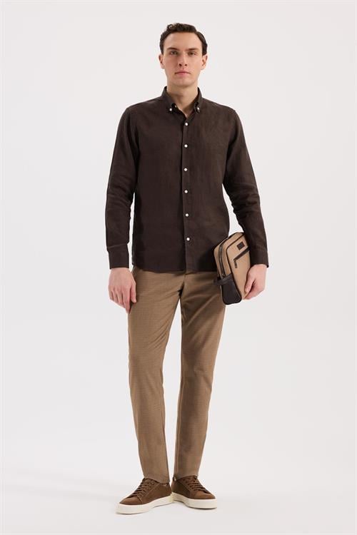 Kahve Rahat Kalıp - Comfort Fit Gömlek Klasik Yaka