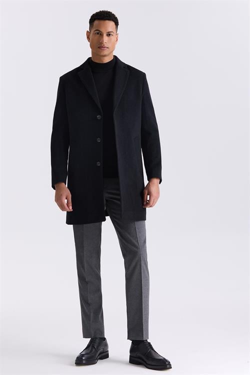 Siyah Comfort Fit Mono Yaka Yan Cep Kaşe Kaban