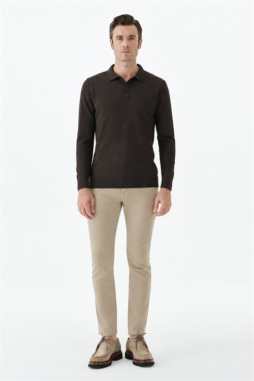 Kahve Comfort Fit Polo Yaka Yünlü Triko