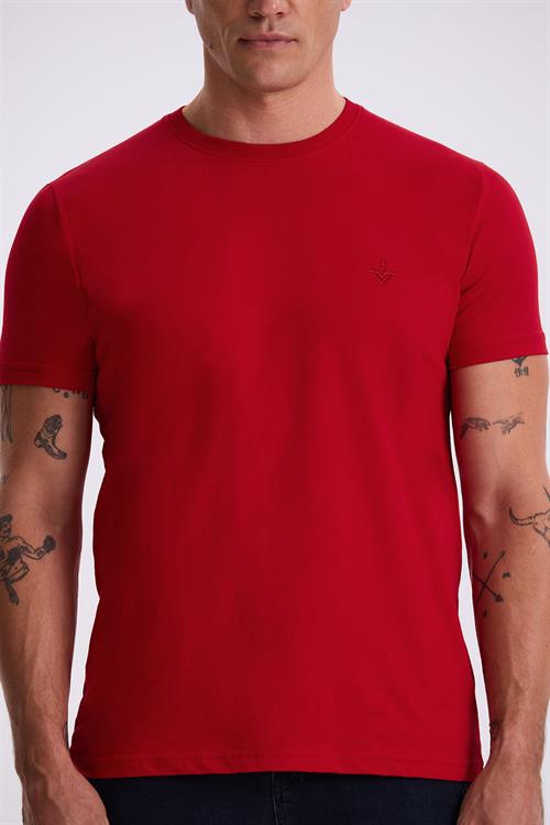 Kırmızı %100 Pamuk Slim Fit Bisiklet Yaka Basic T-Shirt