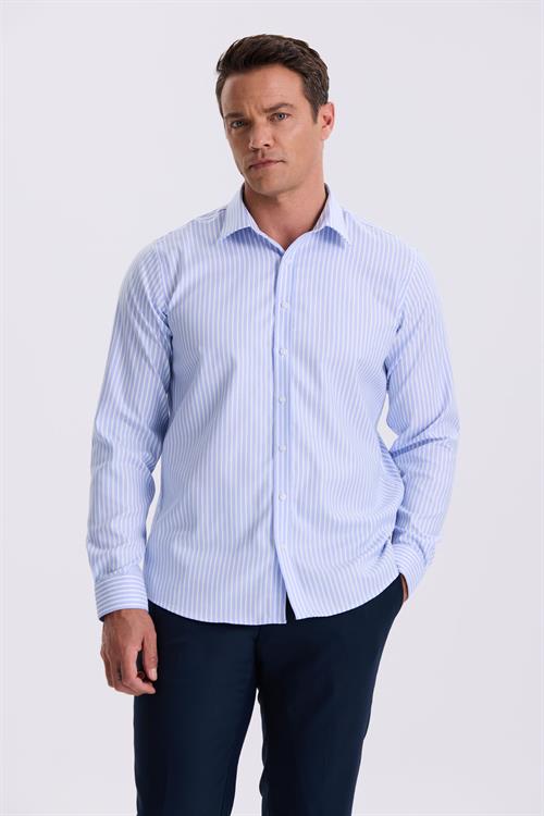 Mavi Beyaz Comfort Fit Ütü Gerektirmeyen %100 Pamuk Çizgili Non İron Gömlek
