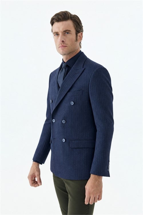Lacivert Slim Fit Dik Yaka Çizgili Kruvaze Ceket