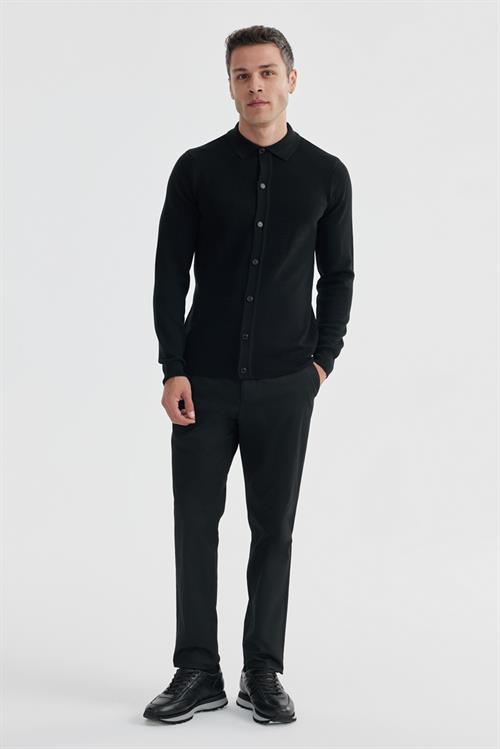 Siyah Slim Fit Yünlü Düğmeli Polo Yaka Triko