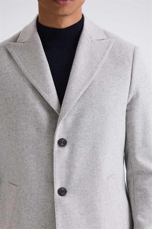 Gri Comfort Fit Sivri Yaka Balık Sırtı Desenli Yünlü Kaşe Kaban