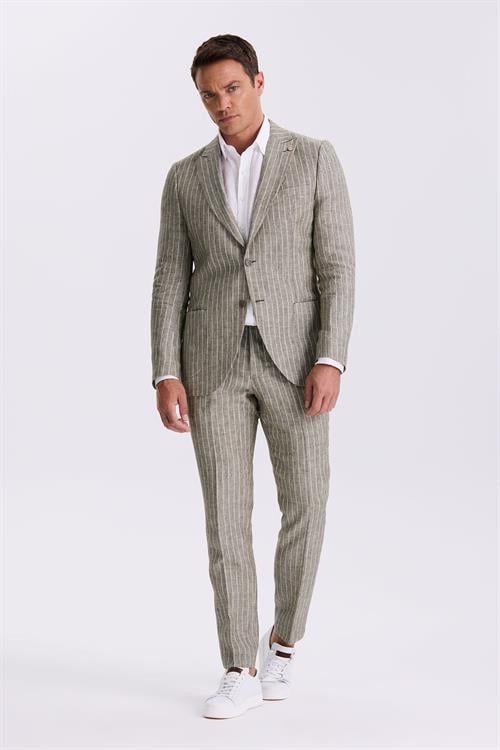 Haki Slim Fit Kırlangıç Yaka Çift Yırtmaçlı %100 Keten Spor Takım Elbise