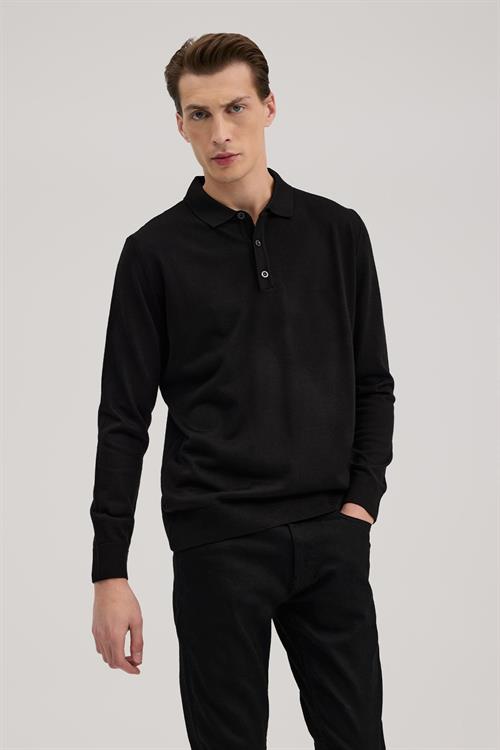 Siyah Comfort Fit Polo Yaka Yünlü Triko