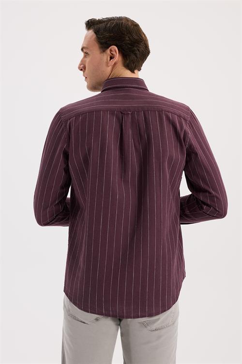 Bordo Comfort Fit Düğmeli Yaka Pamuklu Gömlek