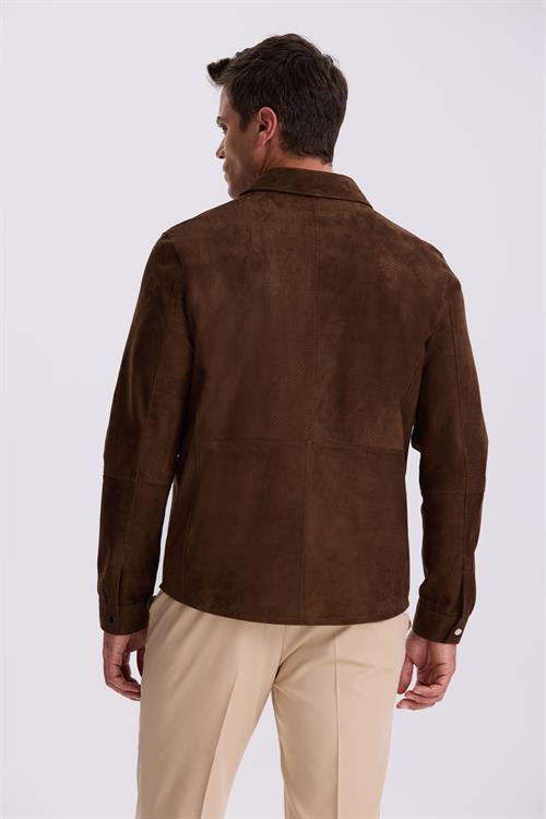 Kahve Comfort Fit Bebe Yaka %100 Deri Mont 