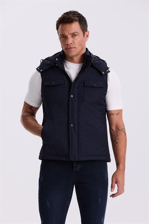 Lacivert Comfort Fit Cepli Kapüşonlu Rahat Kesim Safari Yelek