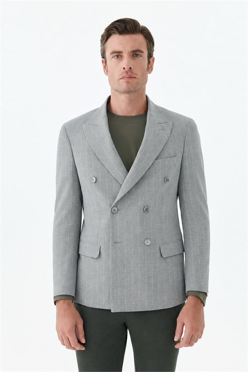 Gri Slim Fit Dik Yaka Kruvaze Ceket